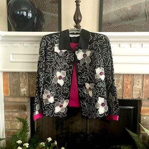 Black and White Embellished Floral Blazer